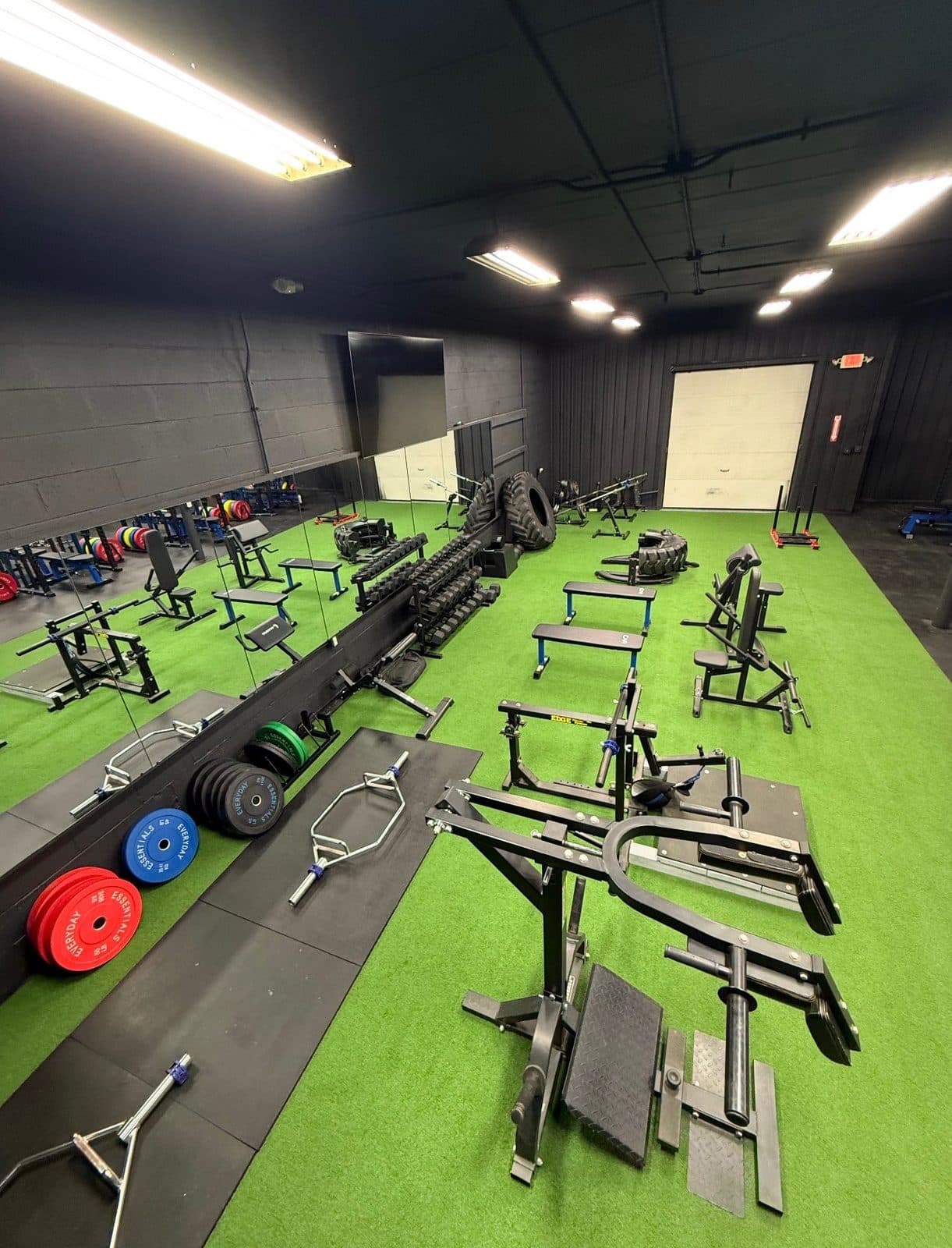 Turf weight room with benches, plate trees, and squat racks