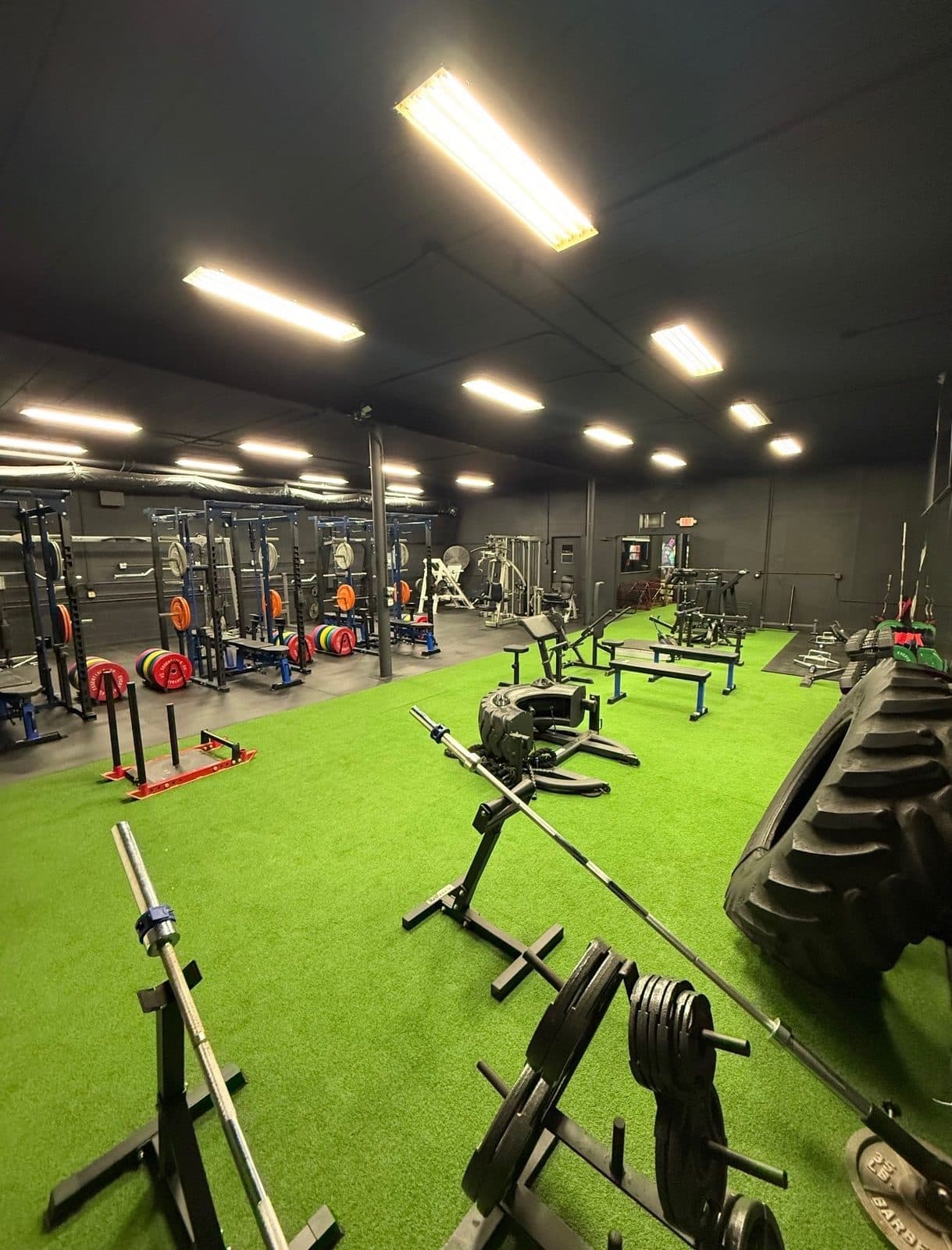 Loaded barbells and bumper plates on the green turf floor