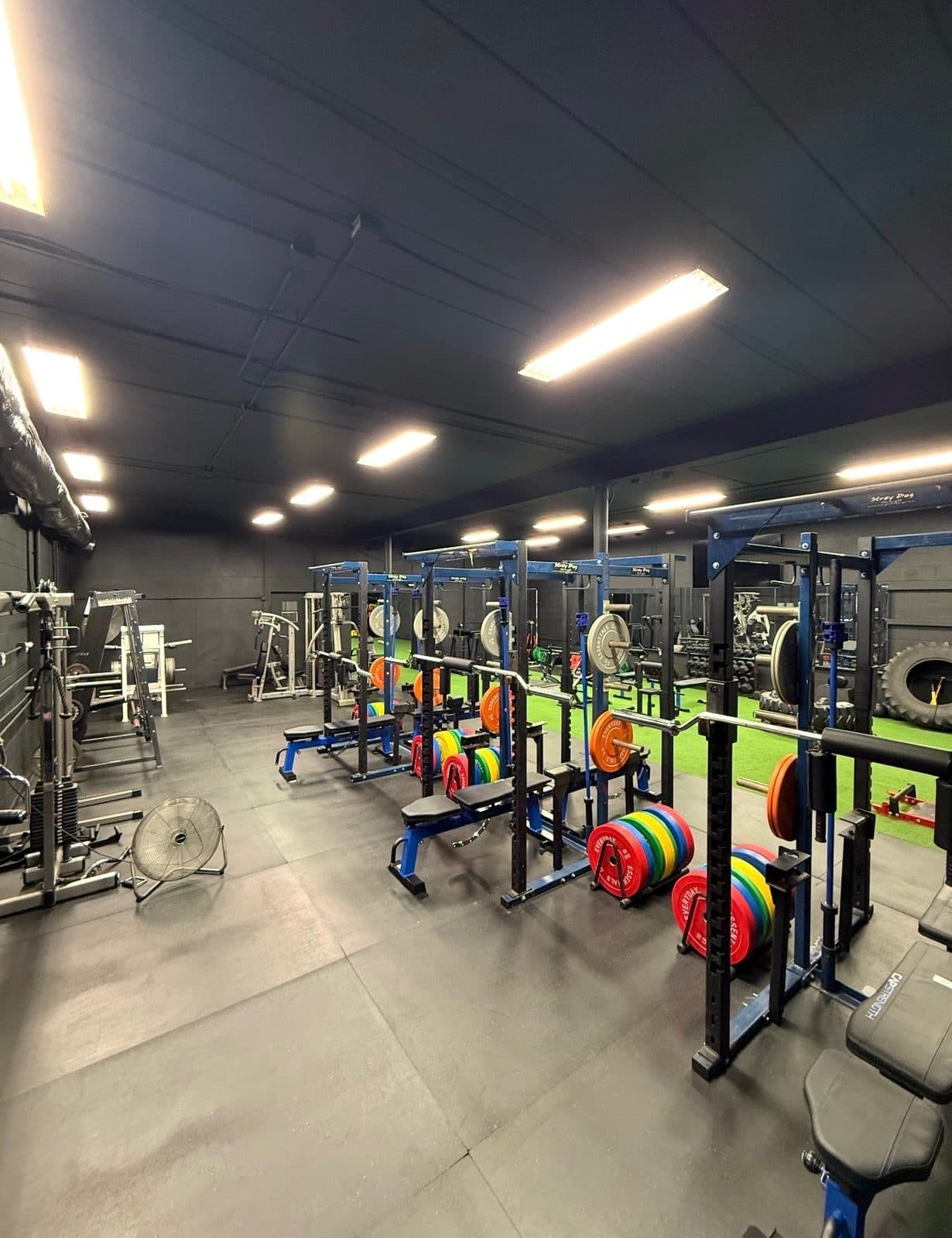 Row of racks loaded with bumper plates