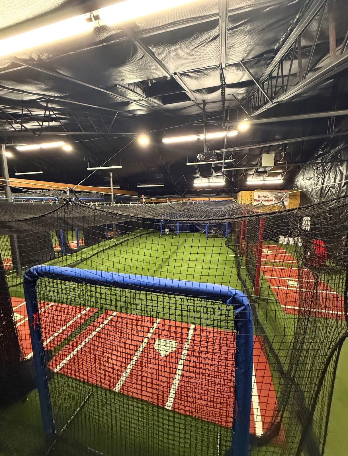 Netted turf lane with a home plate and hitting mat